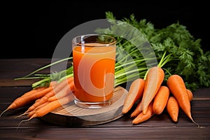 Carrot juice in a glass, fresh carrot fruits on the table on a dark wooden background.