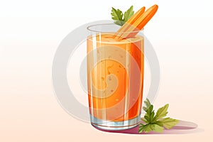 Carrot juice in a glass, fresh carrot fruits on a white isolated background, watercolor illustration.