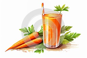 Carrot juice in a glass, fresh carrot fruits on a white isolated background, watercolor illustration.