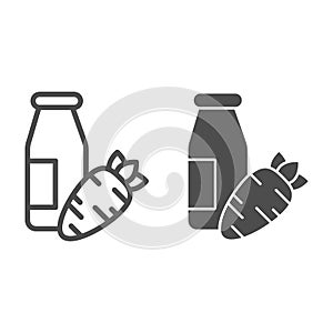 Carrot juice line and solid icon. Glass bottle and eco carrot vegetable outline style pictogram on white background