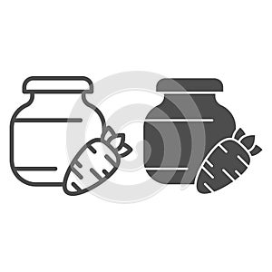 Carrot juice line and solid icon. Glass can bank and carrot vegetable outline style pictogram on white background