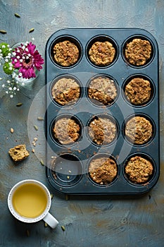 Carrot muffins, cooking backstage, top view photo