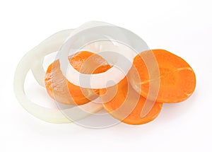 Carrot and onion slices isolated on white with clipping path