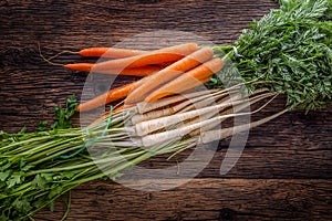 Carrot parsnip celery. Celery carrot and parsnip on rustic oak table