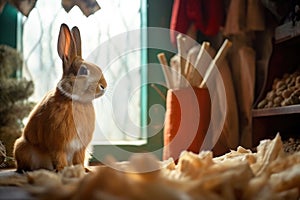 carrot partially chewed, rabbit in the background