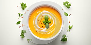 Carrot-pumpkin puree in a bowl. Vegetarian creamy soup, Top view, light background. Generative AI