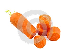 Carrot repetitive next to carrot slices on a white isolated background