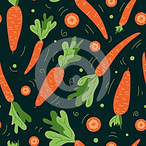 Carrot seamless pattern. Cute childish drawing. orange vegetables. Healthy lifestyle, proper nutrition, harvesting