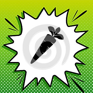 Carrot sign illustration. Black Icon on white popart Splash at green background with white spots. Illustration