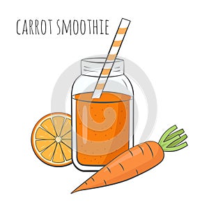 Carrot smoothie in jar with ingredients