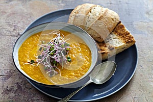 Carrot soup with green sprouts