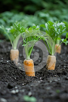 Carrot tops peeking out of the soil, hinting at the hidden treasures below