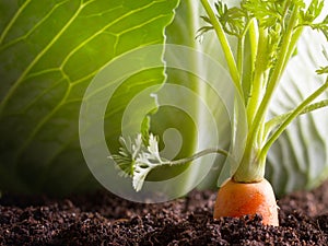 Carrot vegetable grows in the garden in the soil organic background