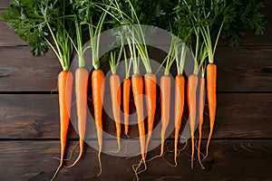 Carrots arranged on kitchen table, vibrant orange freshness displayed
