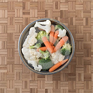 Carrots, broccoli and cauliflower in a stoneware bowl