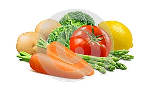 Carrots, broccoli, potato, tomato, asparagus and lemon isolated on white