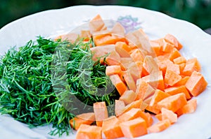 Carrots and dill. Healthy food. Vegetables. Orange and green. Vegetables for proper nutrition. Vegetables on the plates. Diced car