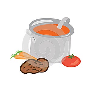 Carrots, potatoes, and tomatoes in a delicious soup. Illustration in a vector format