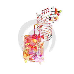 Carry-on luggage with musical notes isolated on white background for a traveler lifestyle concept
