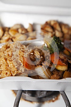 Carry Out Container Filled with Stirfried and Grilled Foods