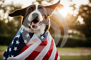 carrying American Happy flag playing dog white independence holiday 4th july border blue day play fetching fourth cute carry