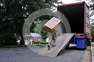 Carrying box into moving truck photo