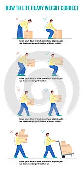 Carrying, lifting heavy loads, boxes, a set of vector flat illustrations on a white background.