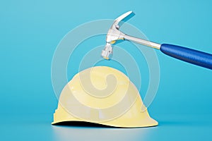 carrying out construction works. hammer and protective helmet on a blue background. 3D render