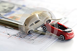 Cars accident damage, money and insurance policy contract