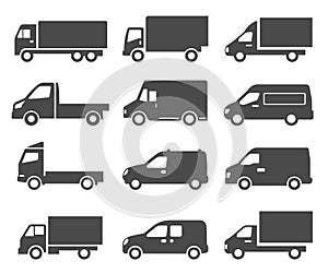 Cars  autos  trucks black icons set isolated on white. Lorry  van  camion pictograms collection