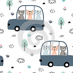 Cars background with driving cartoon cat seamless pattern