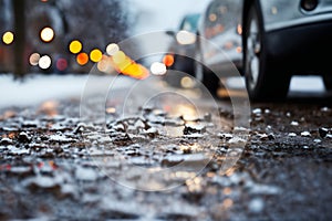 cars on the background of a winter snow-covered road with ice, the concept of traffic safety on a slippery road