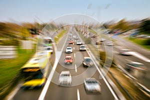 Cars and buses on the urban road