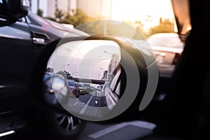 Cars on busy road in the city with traffic jam photo