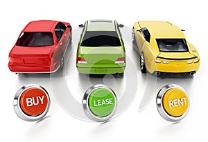 Cars and buy, rent, lease buttons isolated on white background. 3D illustration