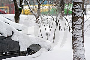 Cars in the city are covered with snow after a snowstorm.