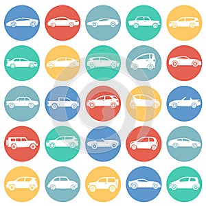 Cars collection set on color circles background for graphic and web design, Modern simple vector sign. Internet concept. Trendy