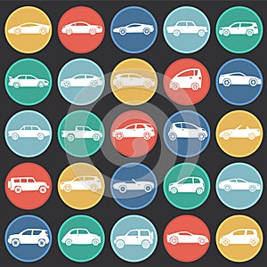 Cars collection set on color circles black background for graphic and web design, Modern simple vector sign. Internet concept.