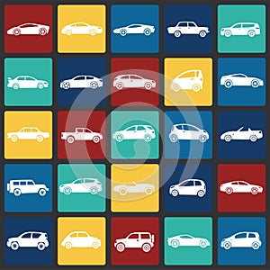 Cars collection set on color squares background for graphic and web design, Modern simple vector sign. Internet concept. Trendy