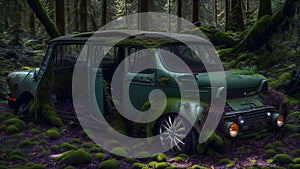 Cars covered with moss are abandoned in the rainforest