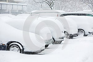 Cars covered in snow on a parking lot