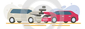 Cars crash illustration vector, two vehicles wreck accident collision graphic, auto broken smoke red white flat cartoon image,