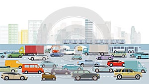 Cars on the crossroads in traffic jam in big city illustration