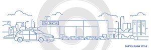 Cars dealership center showroom building exterior with new modern vehicles cityscape background sketch flow style