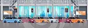 Cars Dealership Center Showroom Interior With Exhibition Of New Modern Vechicles Horizontal Banner