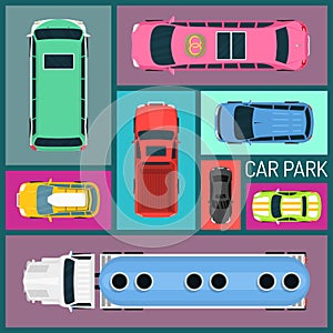 Cars of different size and color seamless pattern vector illustration. Car parking. Top view of parking zone with a