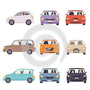 Cars with Drivers Set, Side and Front View Vector Illustration