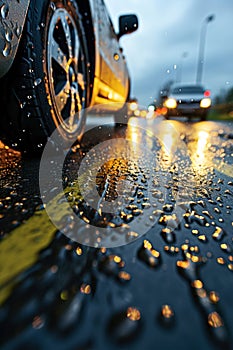 Cars driving down a rain soaked road. Close up tires and asphalt. Low point of view