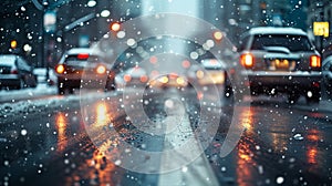 Cars driving down a street with snow, inclement weather, light silver and dark blue, water droplets, snow and city lights, blurred