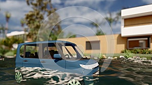 Cars driving on a flooded road during a flood caused by heavy rain 3d rendering